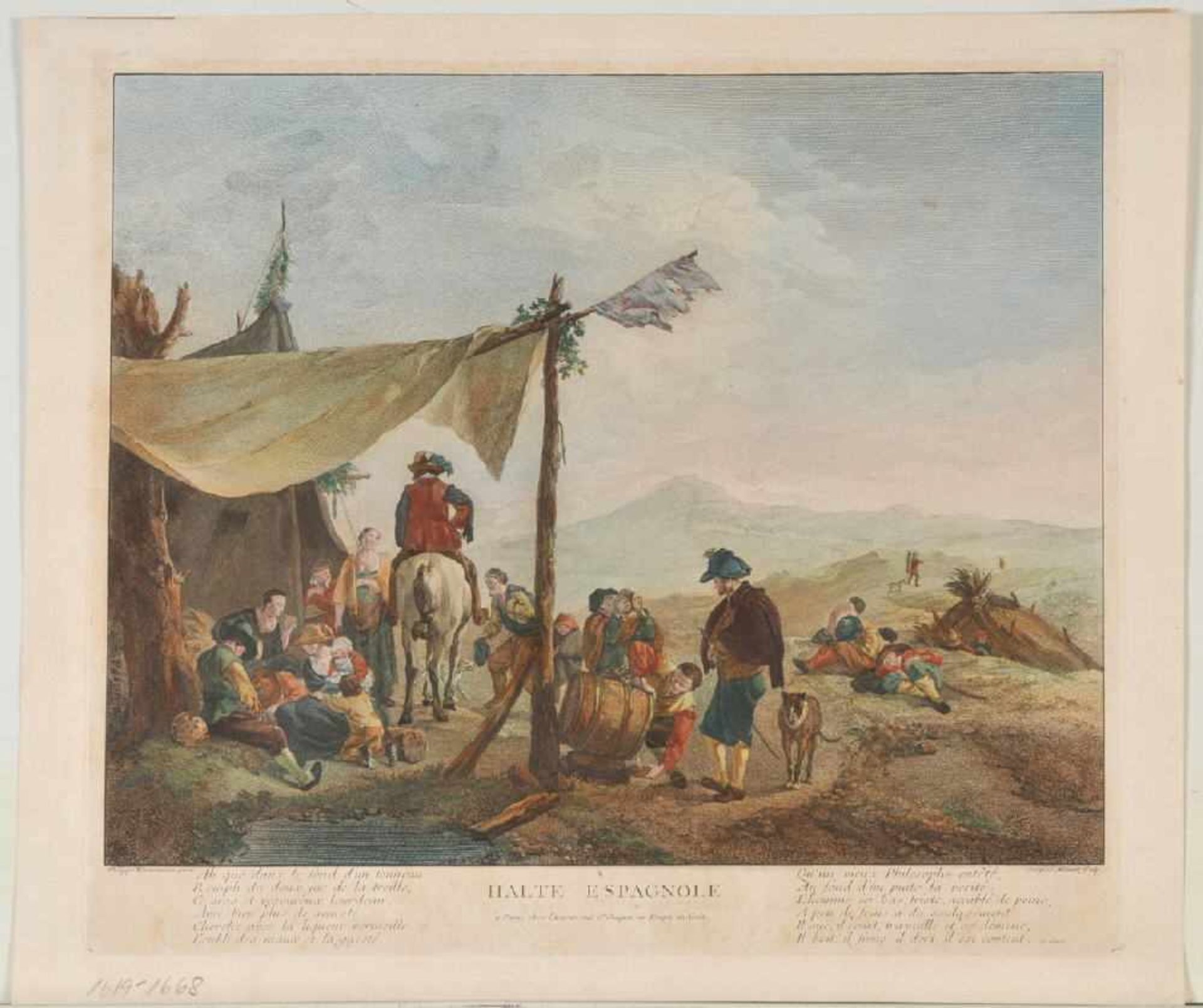 Aliamet, Jacques, 1726 Abbeville - 1788 ParisKupferstich, handcolor., 31 x 39 cm, betit. " Halte