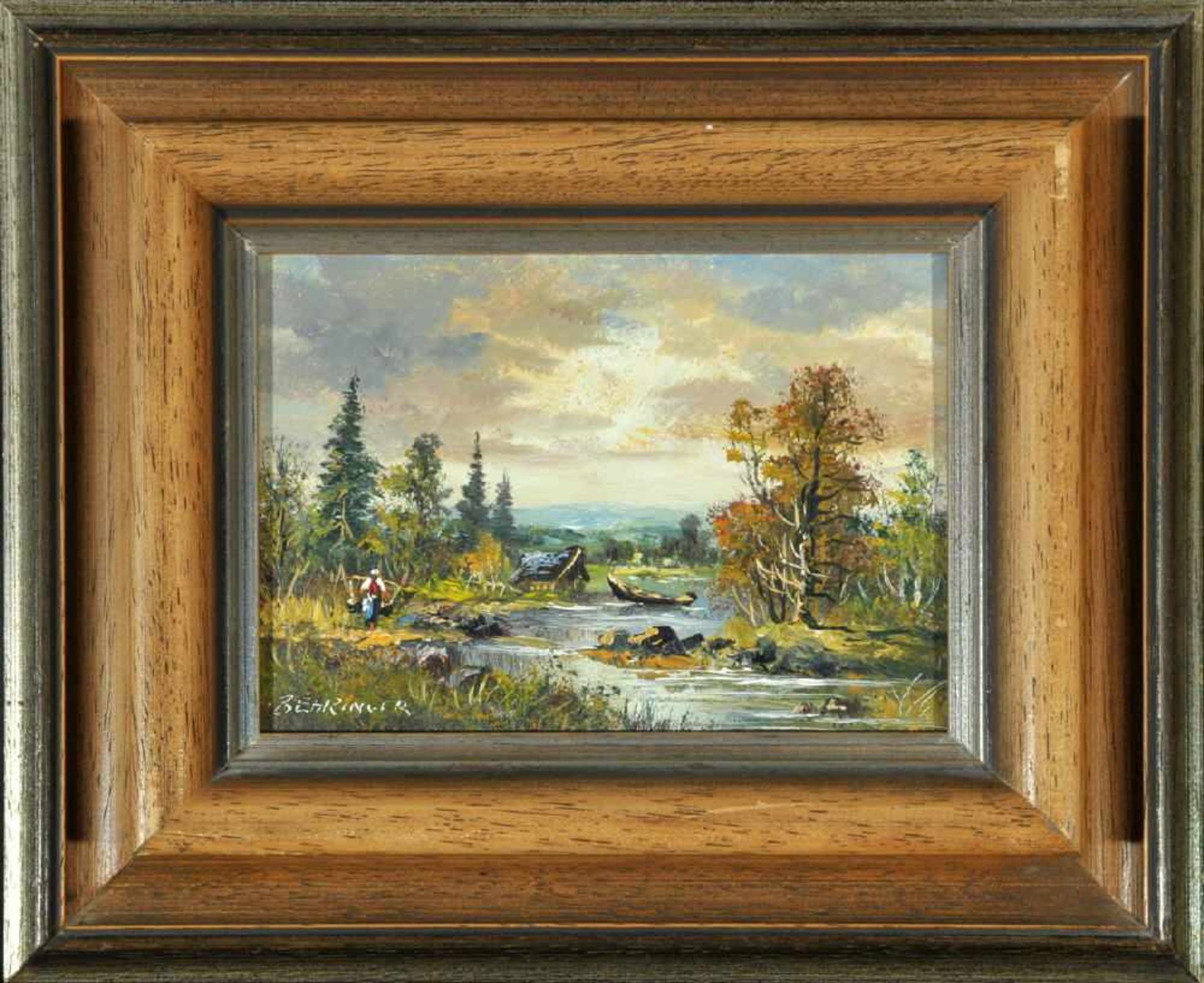 Behringer, Johann, 1929 NürnbergÖl/Platte, 11,5 x 16,5 cm, " Flusslandschaft mit Wasserträgerin ",