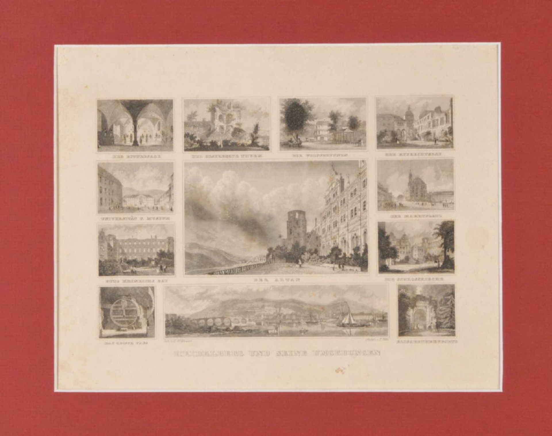 Heidelberg, SouvenirblattStahlstich, 14 x 20,5 cm, 12 Ansichten, von Foltz, 19. Jh., P