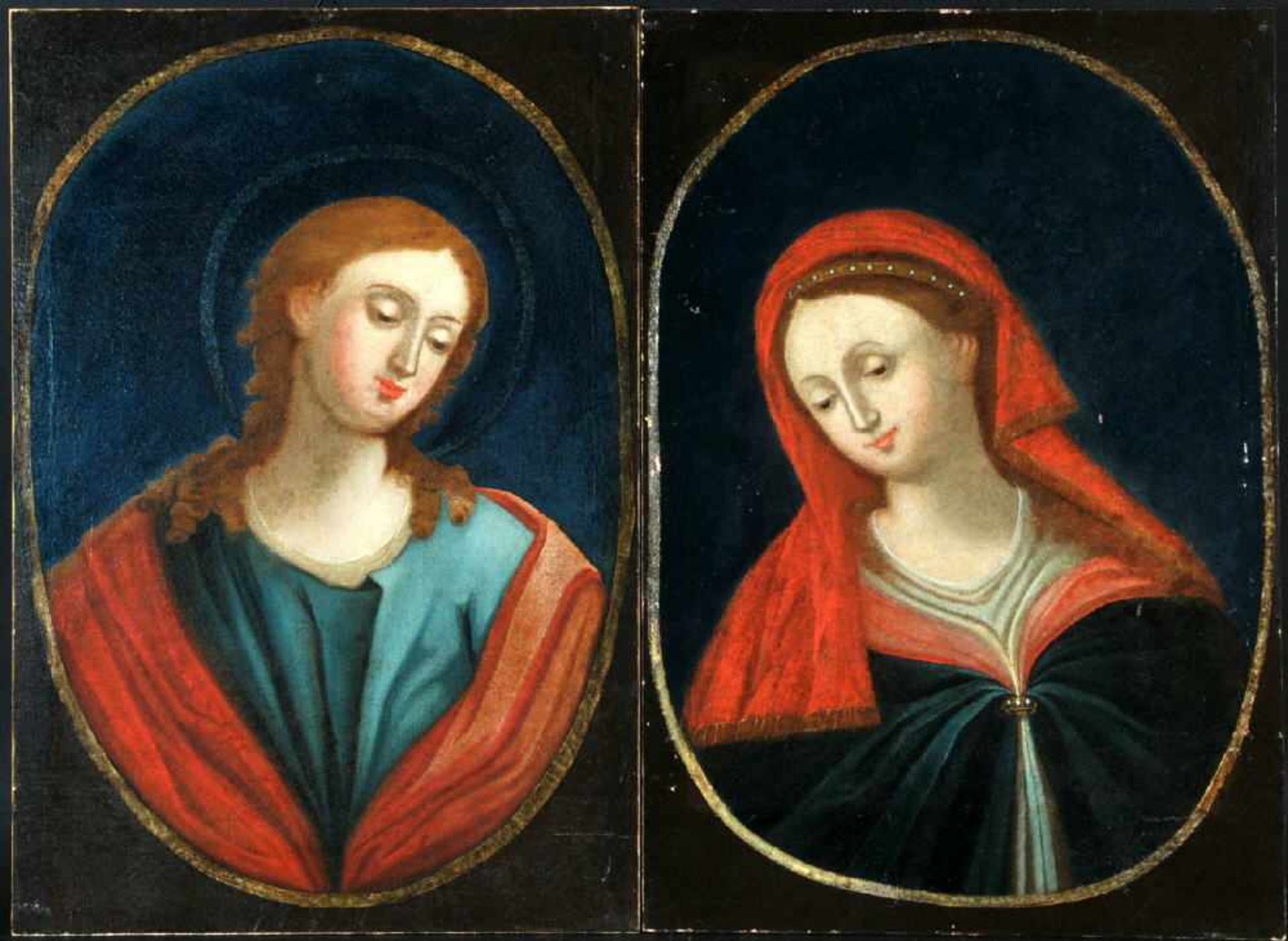 Bildnismaler, wohl 19. Jh.2 Gemälde, Öl/Lwd auf Spanplatte gez., je 68 x 47 cm, " Maria und