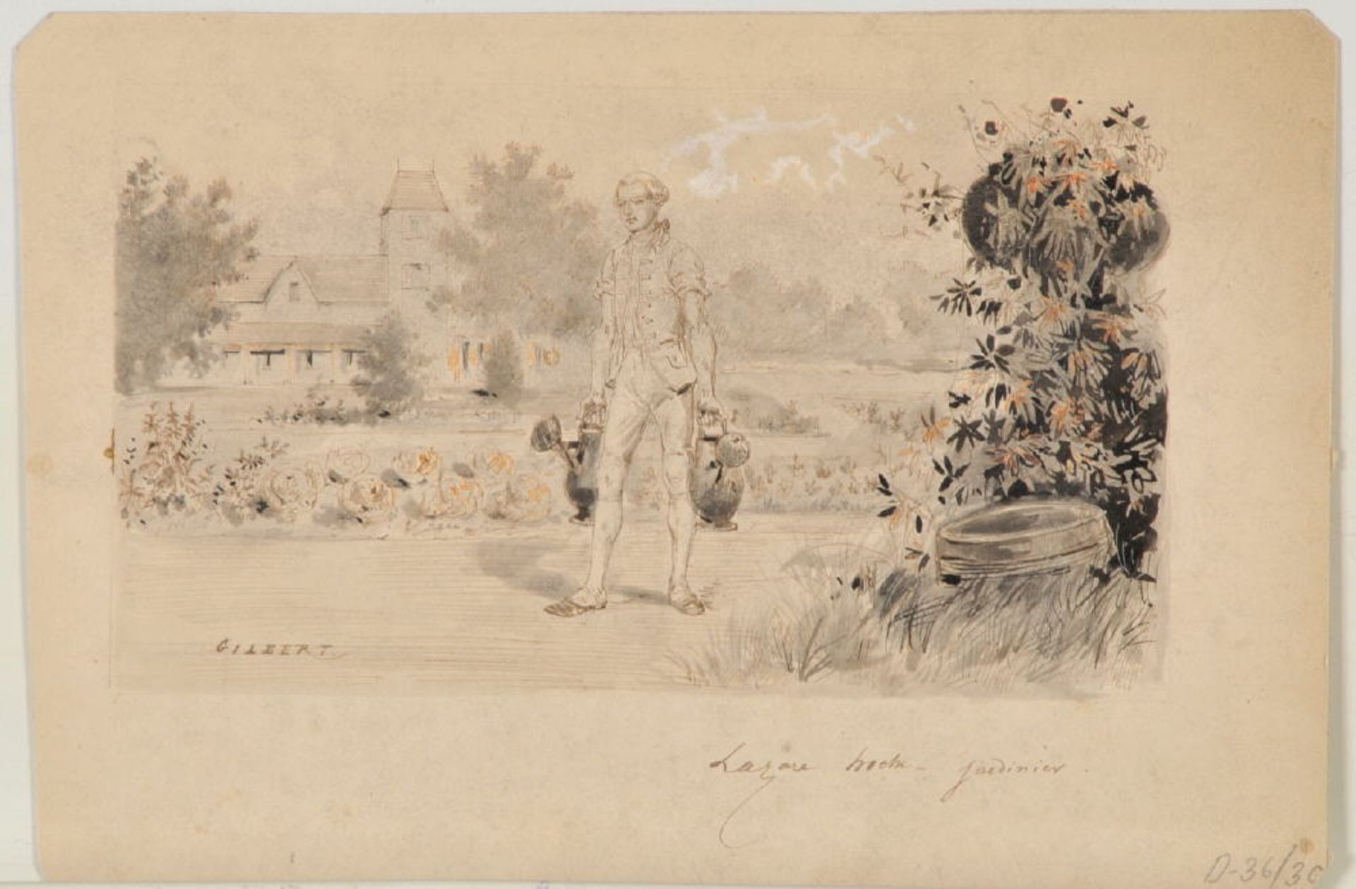 Gilbert, Künstler des 19./20. Jh.Aquarell, 9,5 x 17 cm, " Gärtner im Park ", u.l. sign., gebräunt