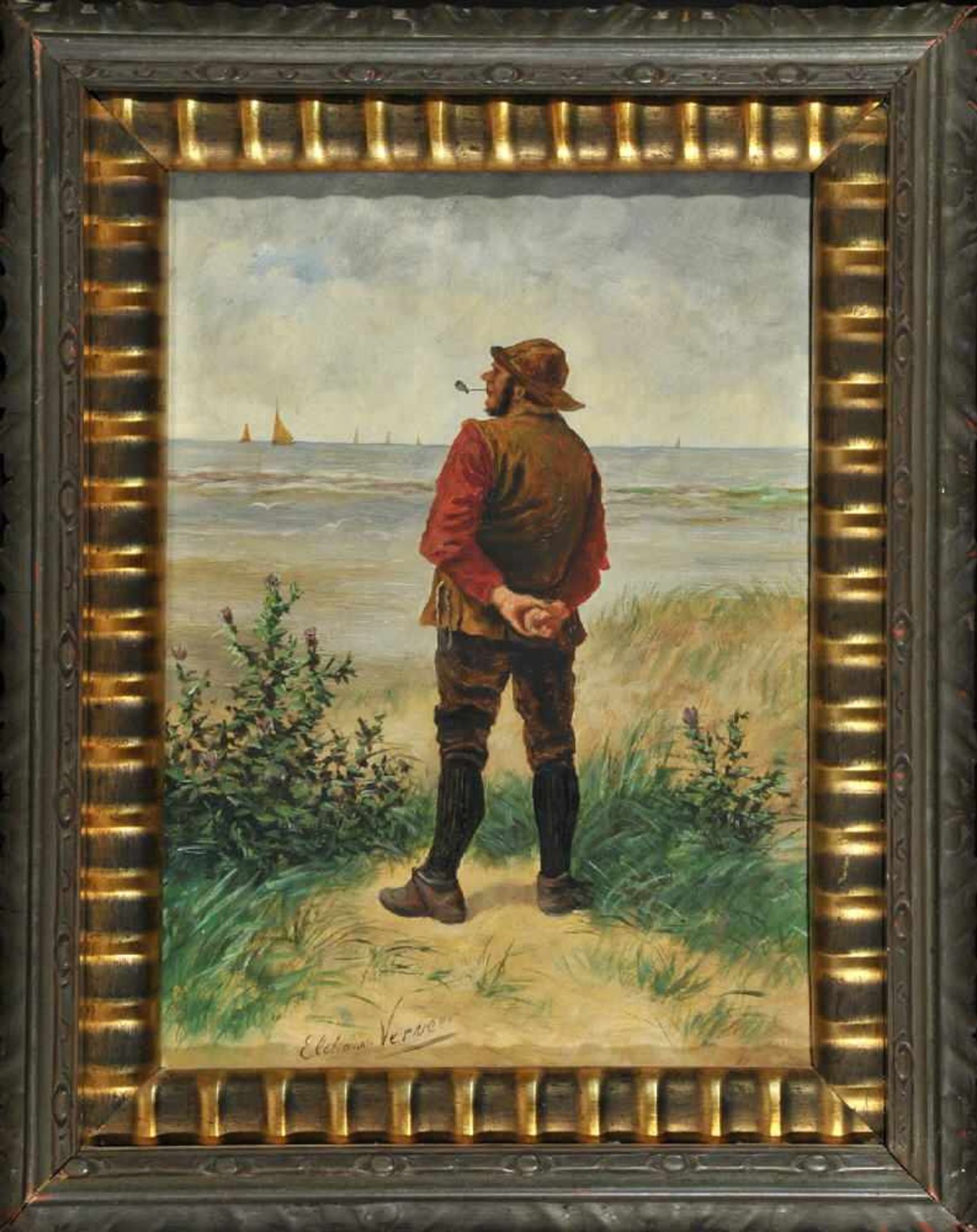 Verveer, Elchanon, 1826 - 1900 Den HaagÖl/Eichenholz, 30 x 22,5 cm, " Fischer am Strand ", u.l.