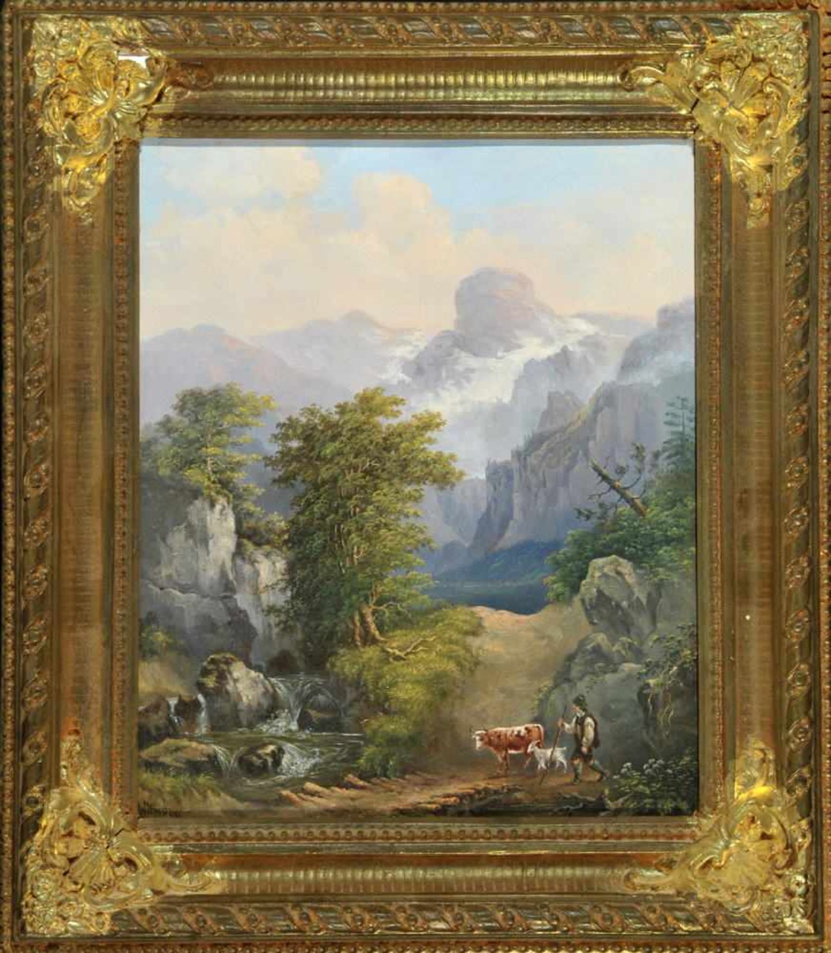 Altmann, Anton d.J., 1808 - 1871 WienÖl/Lwd, 29 x 24 cm, " Wasserfall mit Hirte ", u.l. sign.,