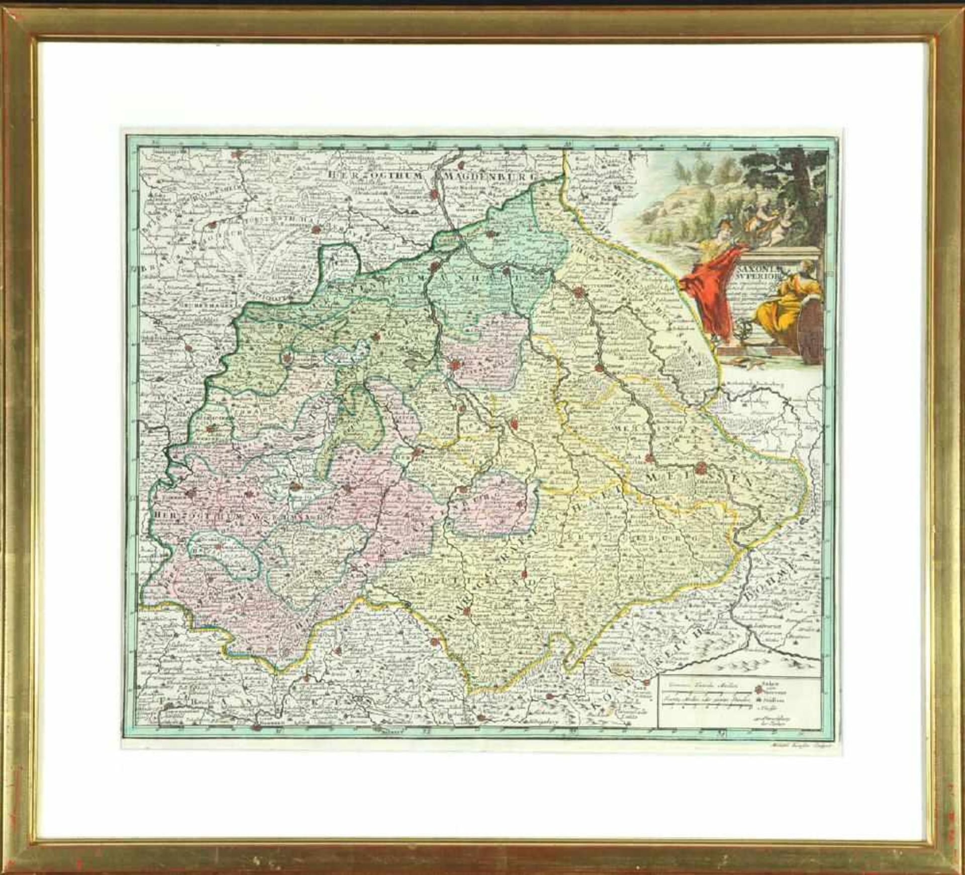Landkarte "Saxonia Superior"Kupferstich, handcolor., 33 x 38,5 cm, von Kauffer, Anfang 18. Jh., R