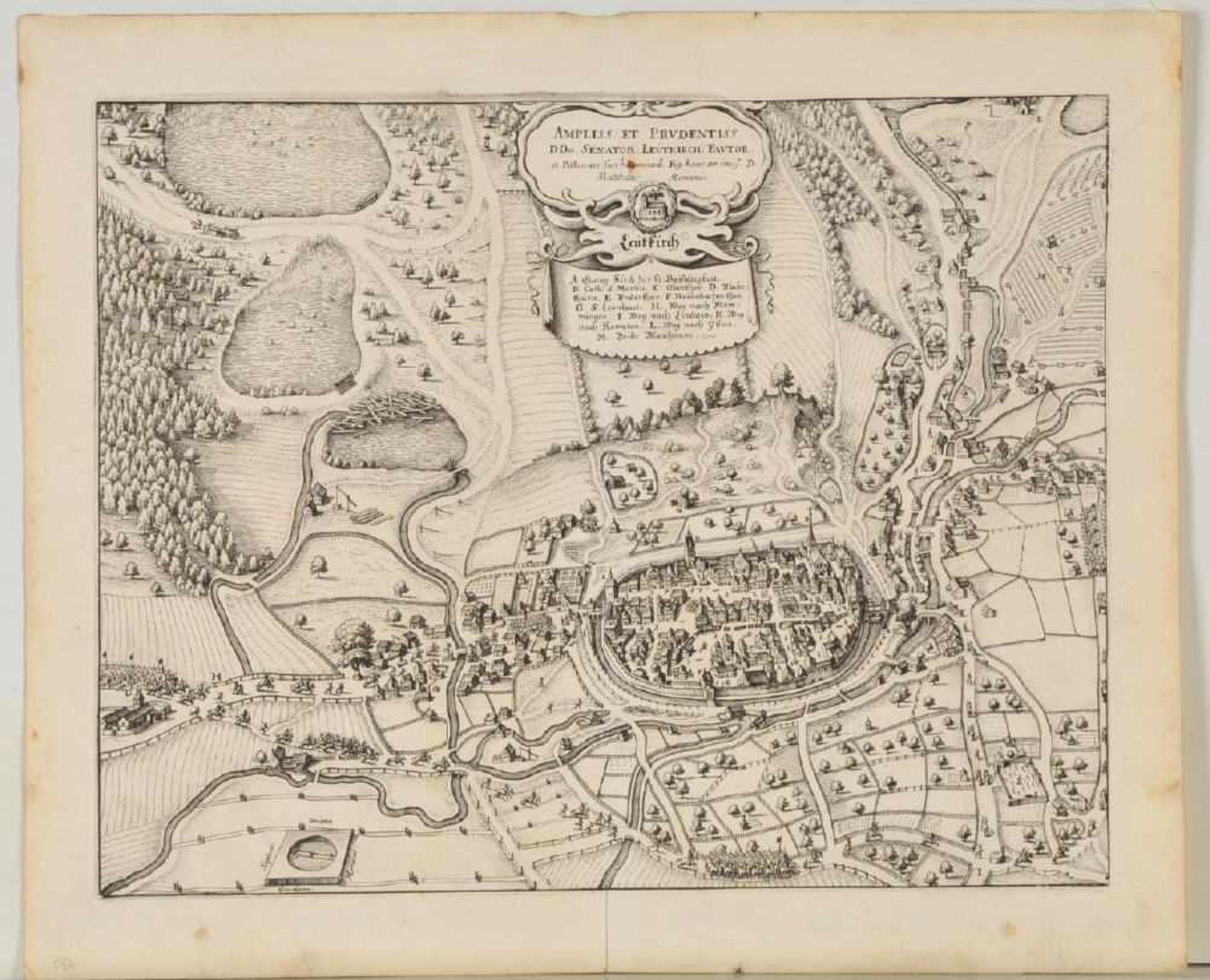 Leutkirch, Gesamtansicht aus der VogelschauKupferstich, 27 x 34 cm, von Merian, 17. Jh.