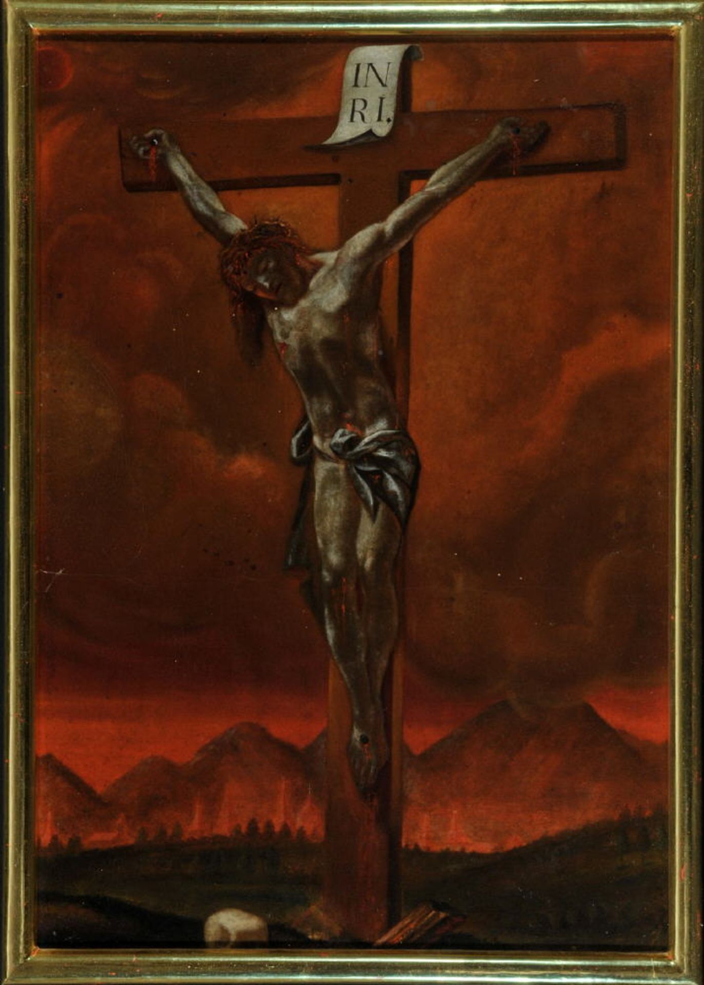 Bildnismaler des 19. Jh.Öl/Krt auf Spanplatte gez., 57,5 x 40 cm, " Christus am Kreuz "