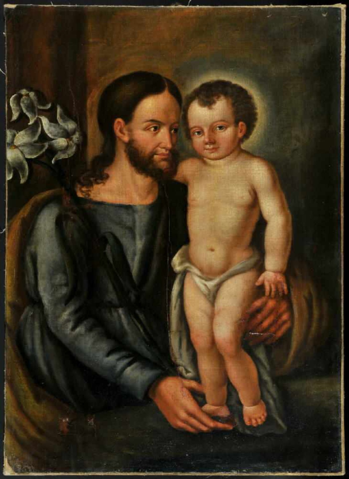 Bildnismaler des 19. Jh.Öl/Lwd, doubl., 61 x 44 cm, " Hl. Josef mit dem Jesusknaben ", besch.,