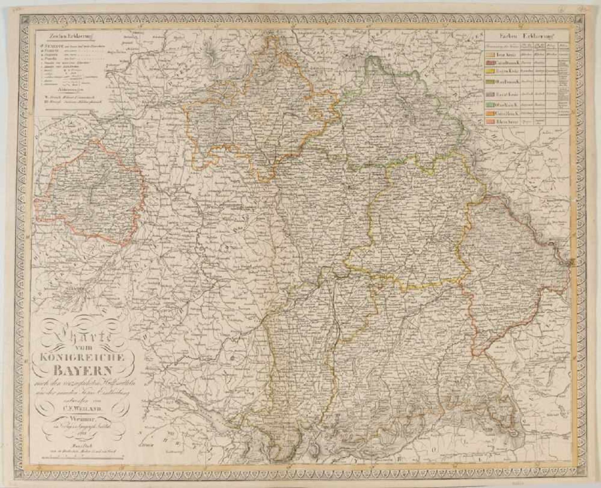 Landkarte "Charte vom Königreiche Bayern"Kupferstich, handcolor., 50 x 62 cm, von C.F. Weiland,