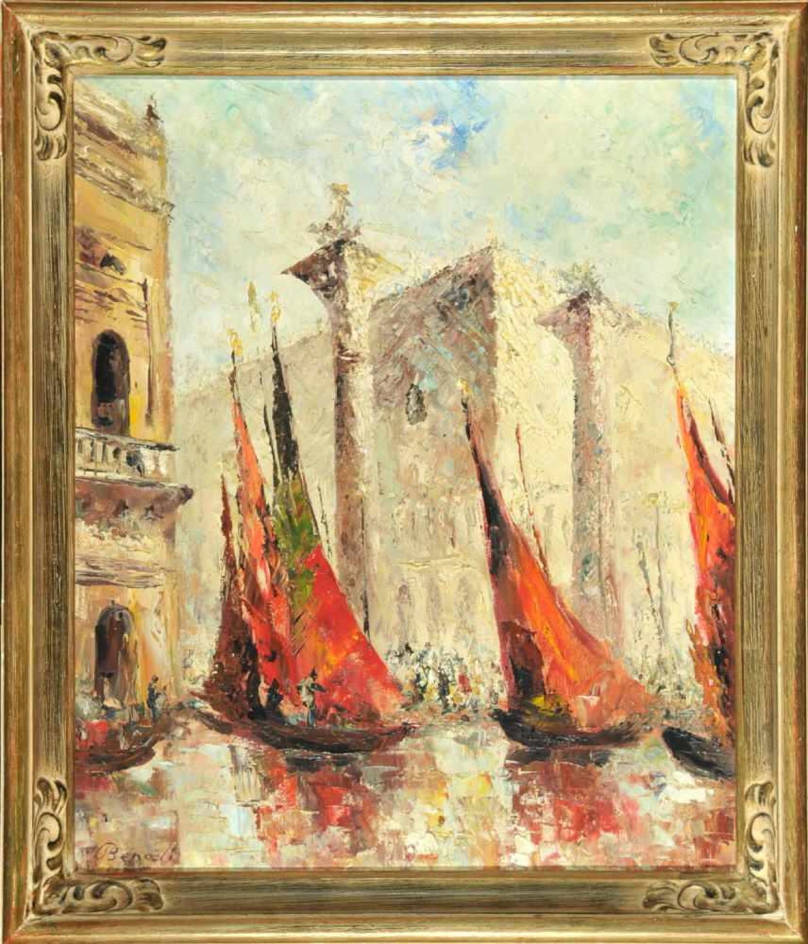 Benali, Künstler des 20. Jh.Öl/Lwd, 60 x 50,5 cm, " Gondeln in Venedig ", u.l. sign.