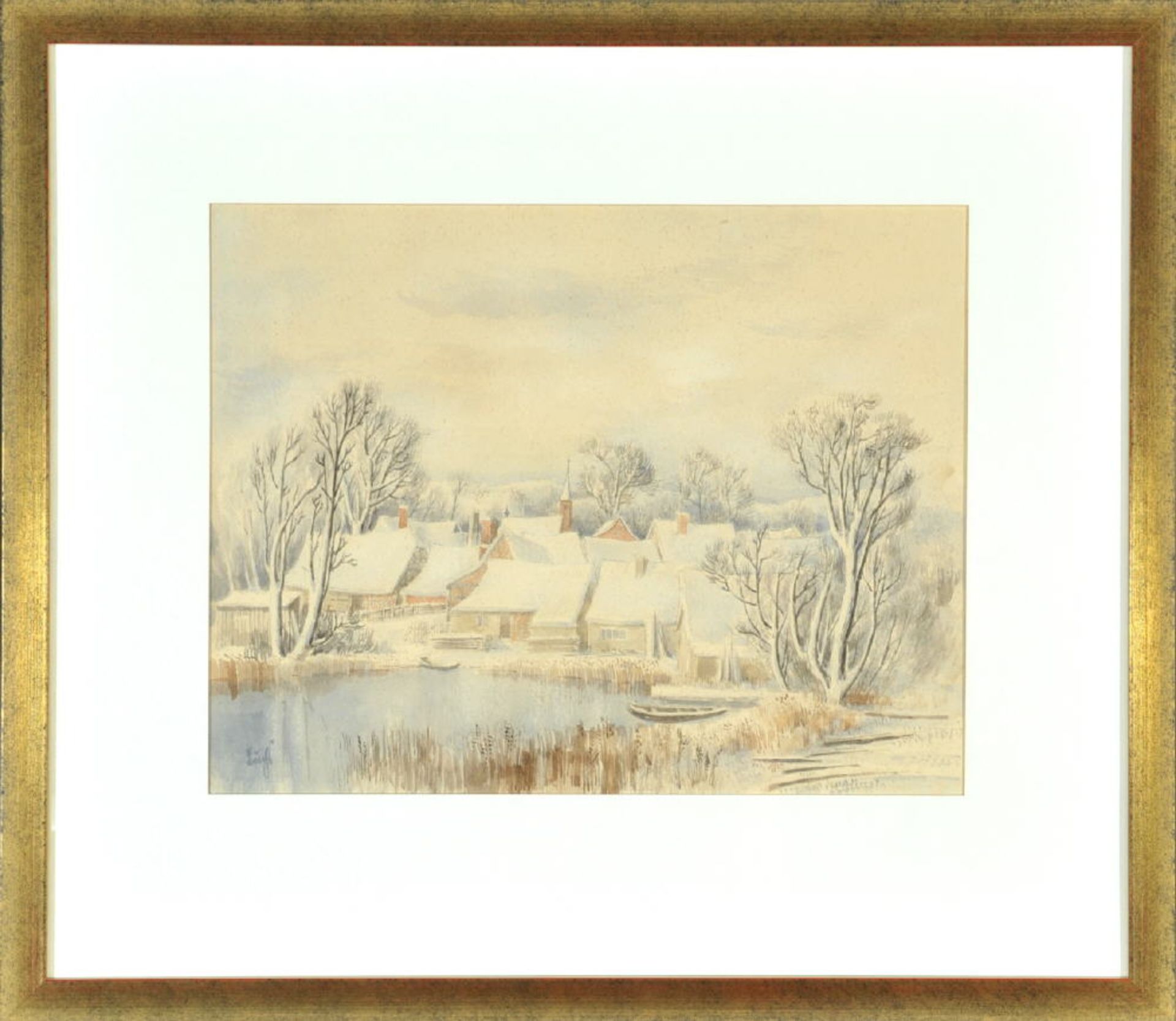 Landschaftsmaler des 19./20. Jh.Aquarell, 26 x 33,5 cm, " Kirchdorf im Winter ", u.l. undeutl.