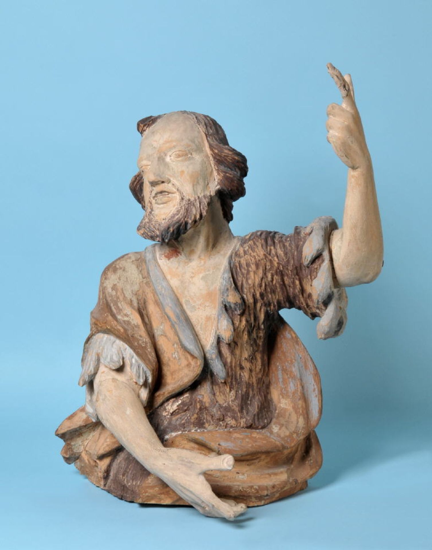 Hl. Johannes der TäuferHalbfigur, Holz, gehöhlt, farbig gefasst (berieben), H= 57 cm, wohl um
