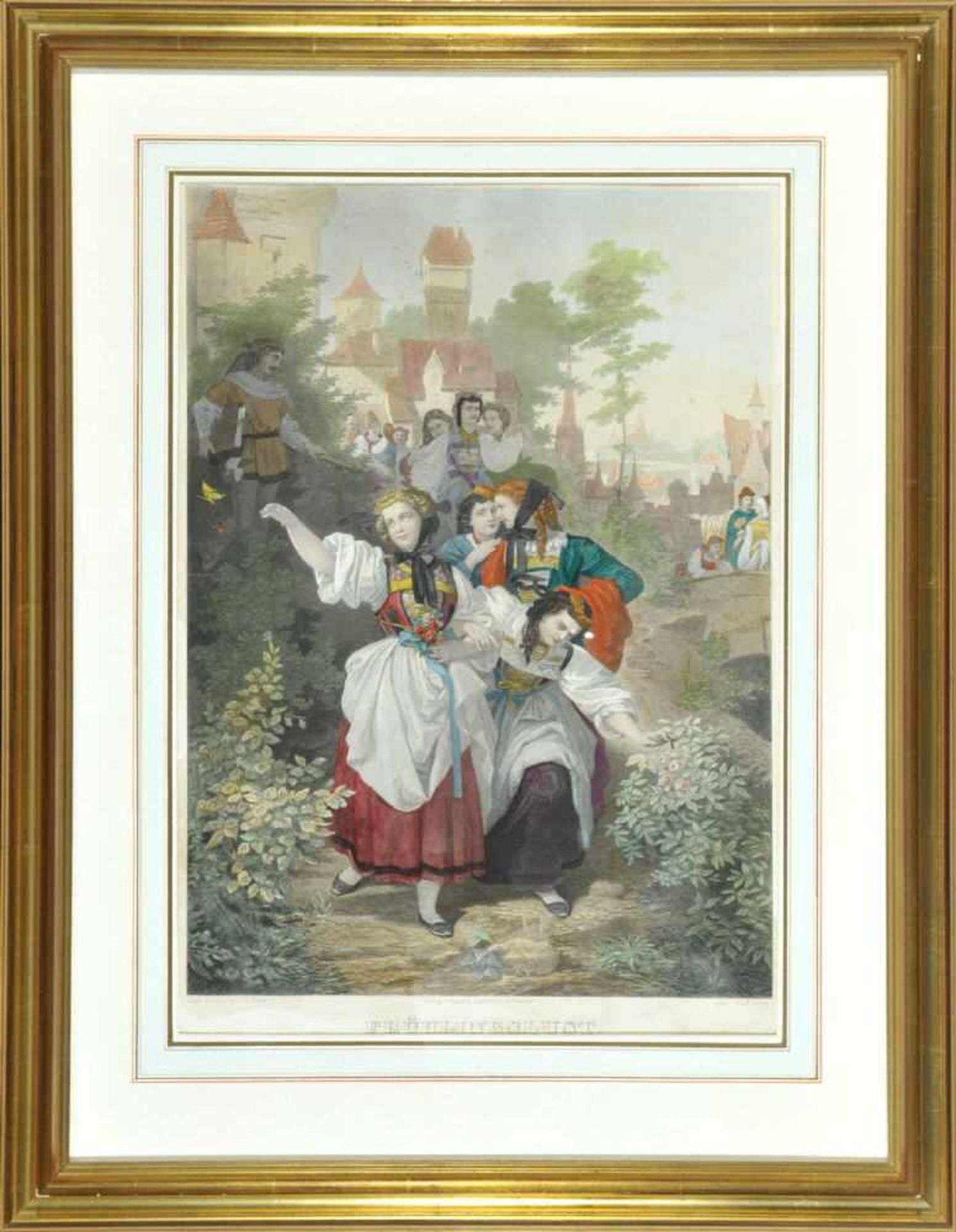 Lithographie, 19. Jh.handcolor., 50 x 36 cm, betit. " Frühlingslust ", von C. Geyer, R