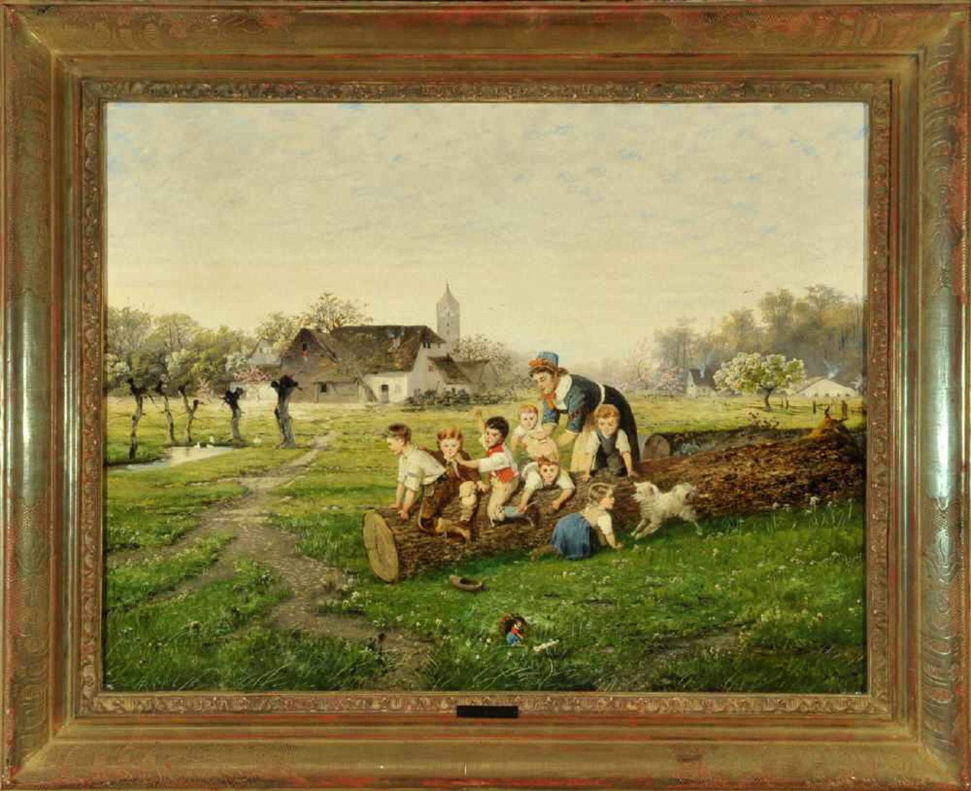Beinke, Fritz, 1842 - 1907 DüsseldorfÖl/Lwd, 54 x 68 cm, " Spielende Kinder in einer
