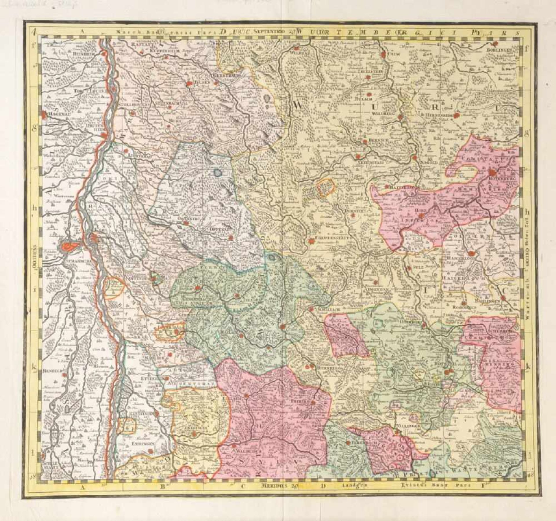 Landkarte "Elsass/Schwarzwald"Kupferstich, handcolor., 49,5 x 54,5 cm, von Seutter, um 1740