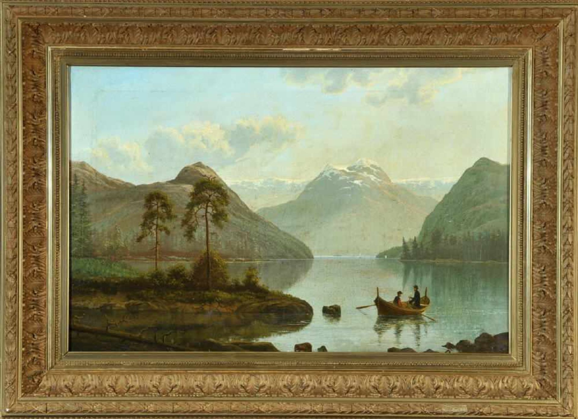 Landschaftsmaler des 19. Jh.Öl/Lwd, 44 x 65,5 cm, " Bergsee mit Fischern ", u.r. undeutl. sign. "
