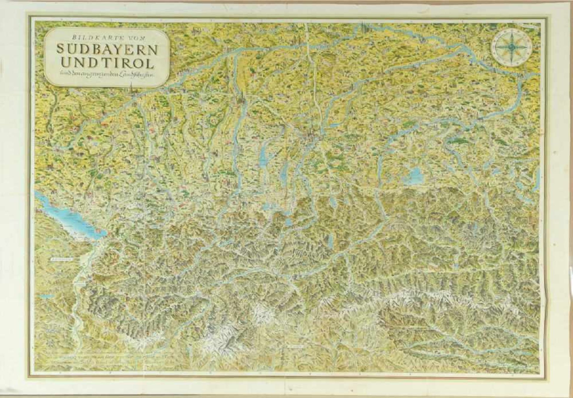 Landkarte "Bildkarte von Südbayern und Tirol"Farblithographie, 84 x 112 cm, von Fritz Loehr, bei