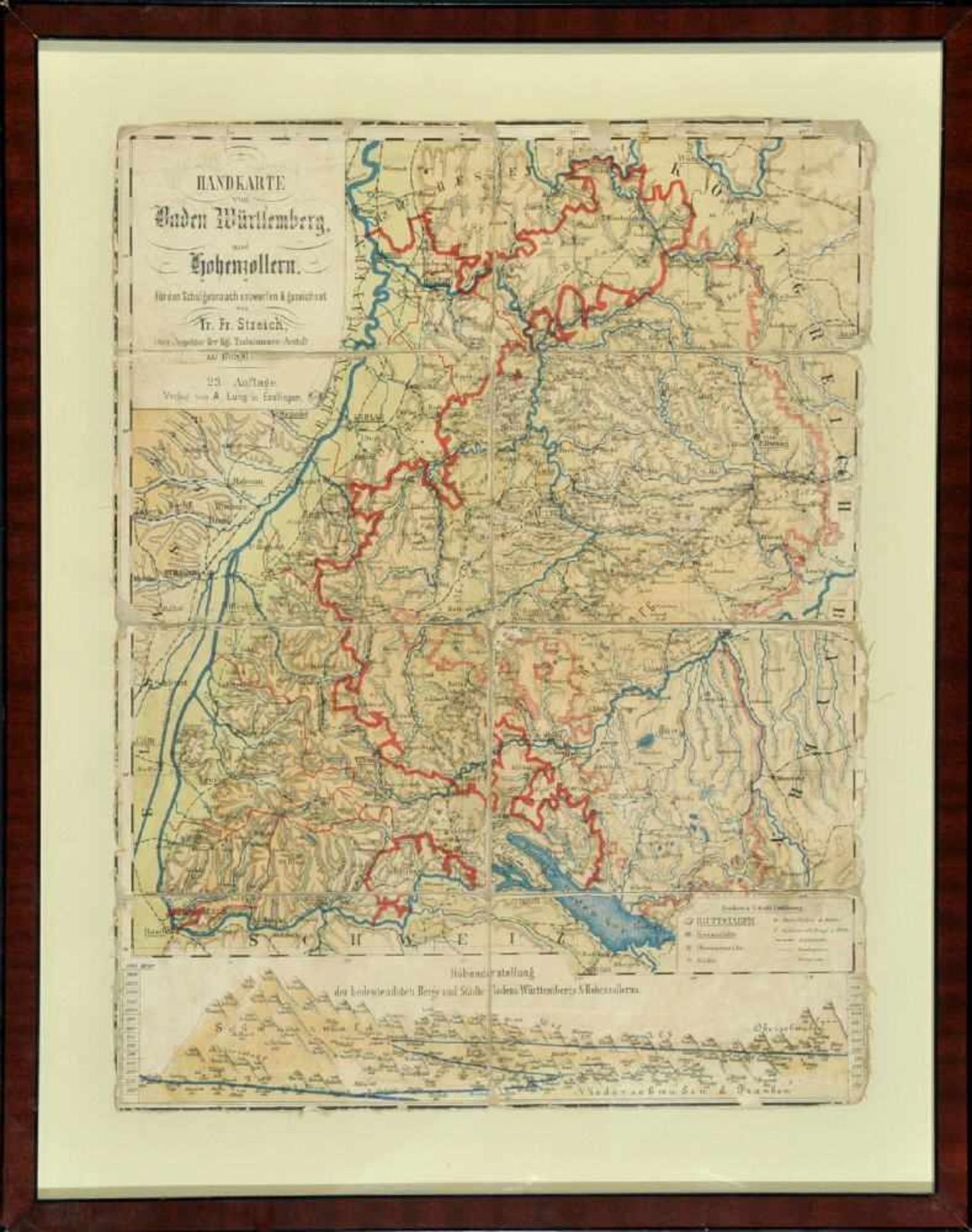 Landkarte "Baden-Württemberg und Hohenzollern"Farblithographie, 39 x 29,5 cm, von Streich, bei Lung,