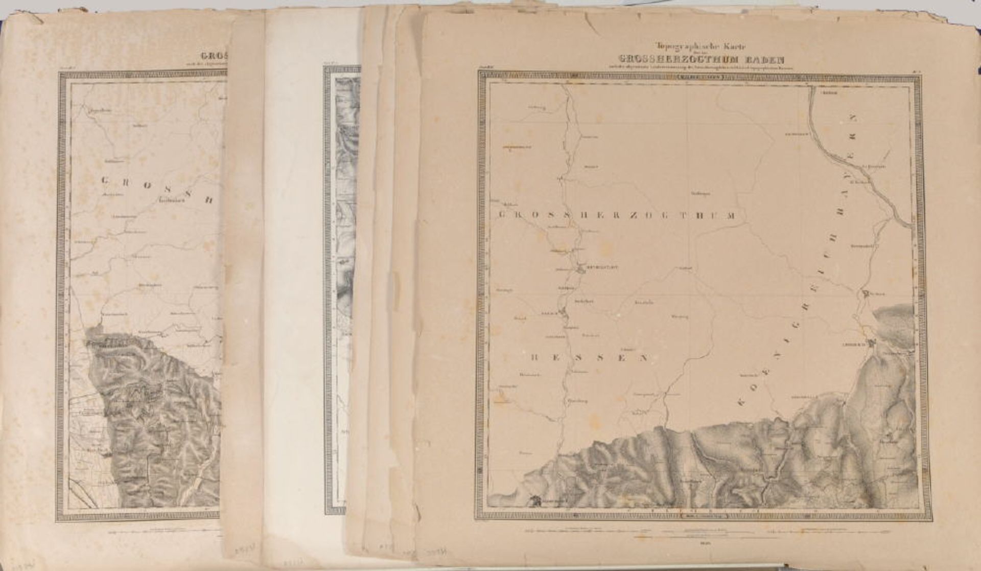 Landkarten, 7 Stück "Großherzogtum Baden"7 Lithographien, je 47,5 x 47,5 cm, von Winckens, 19.