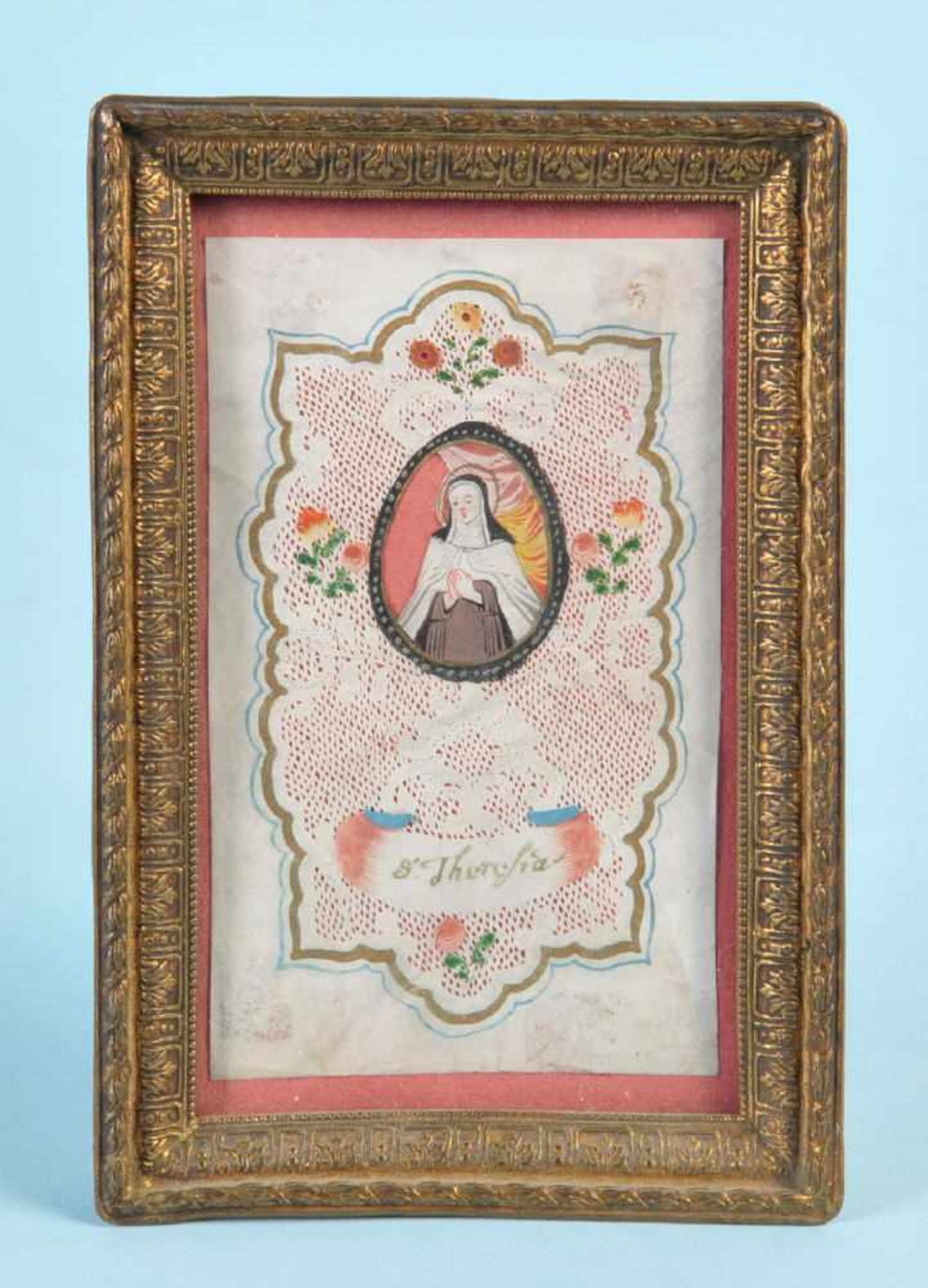 SpitzenbildchenPergament, handgeschnitten, aquarell., 11 x 6,5 cm, " S. Theresia ", 18. Jh., R