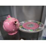 2x Maling plates and 1 pink Maling fish teapot