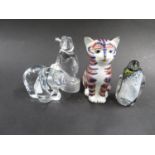 3x signed glass pieces and 1 Crown Derby kitten