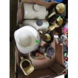 Box of teapot, bedwarmers and toby jugs