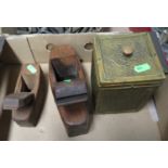 Brass tea caddy and two wood planes