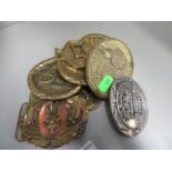 Collection of horse brasses, belt buckles and Northumberland steam engine plaques