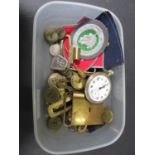 Box of military buttons, badges and buckles - includes some cloth badges and two silver St.