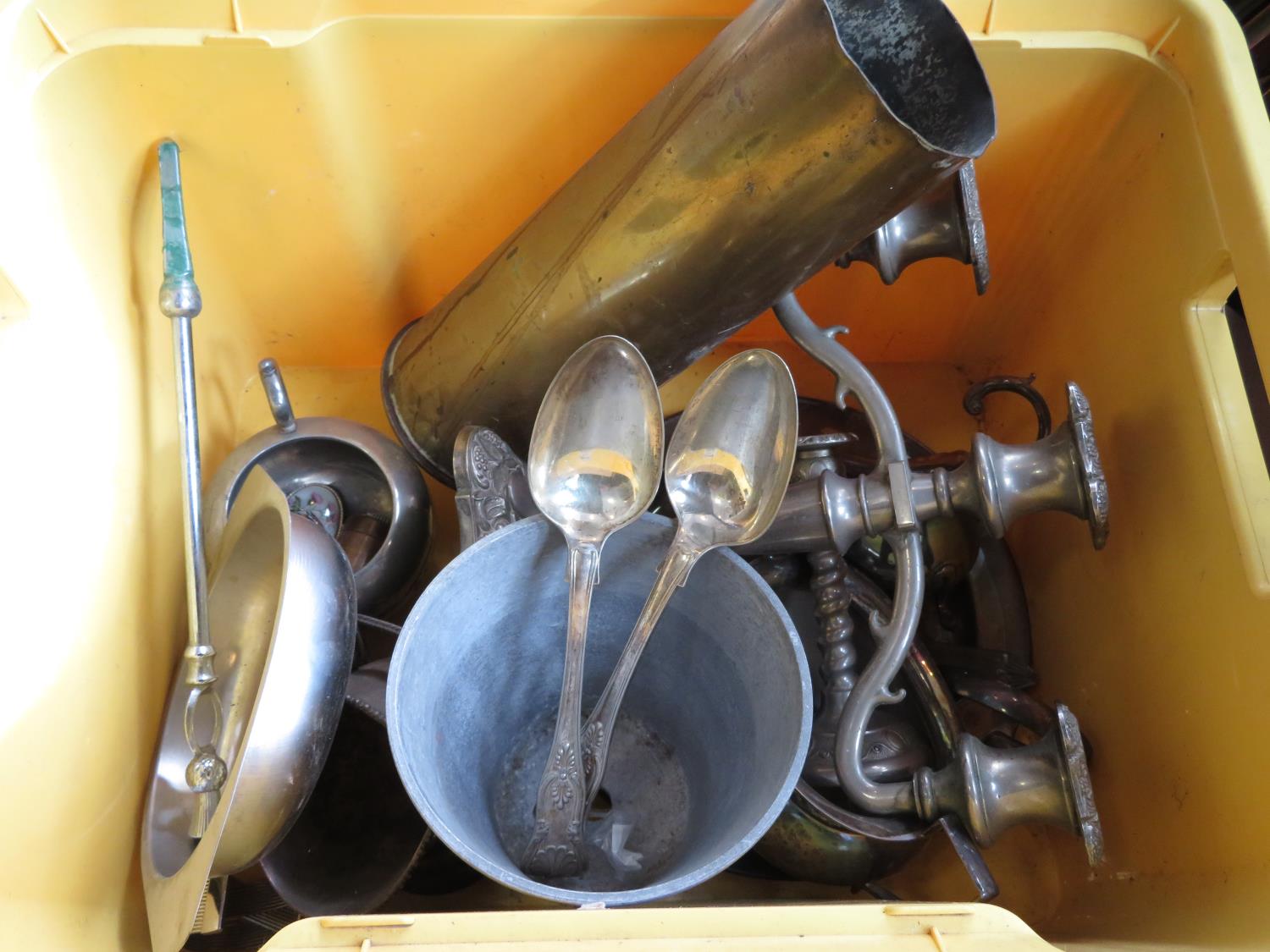 Box of brass and plated ware