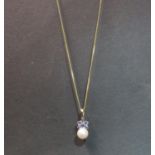 9ct Tanzanite and cultured pearl pendant on 9ct gold fine curb link chain. 2.8g