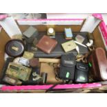 Box of misc. including Ronson lighters, tape measures, carving set and cameras