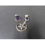 Job lot of 3 amethyst and silver pendants. Weight 8g