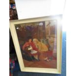 Framed oil painting of two young ladies at train station