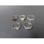 Five silver dress rings. Weight 9g