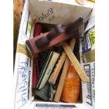 box of misc mouth organ, flute and binoculars