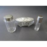 2x silver lidded glass pots and 1x French HM perfume bottle