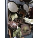 Box of coffee grinders, teapots, scales and brassware