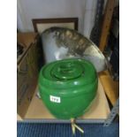 Green ceramic whisky dispenser and industrial enamel ceiling light