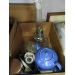 Box containing oil lamp and other misc. china