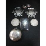 Silver buckle, coins, brooch and other pieces