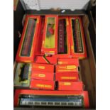 Box of Hornby trains and carriages boxed