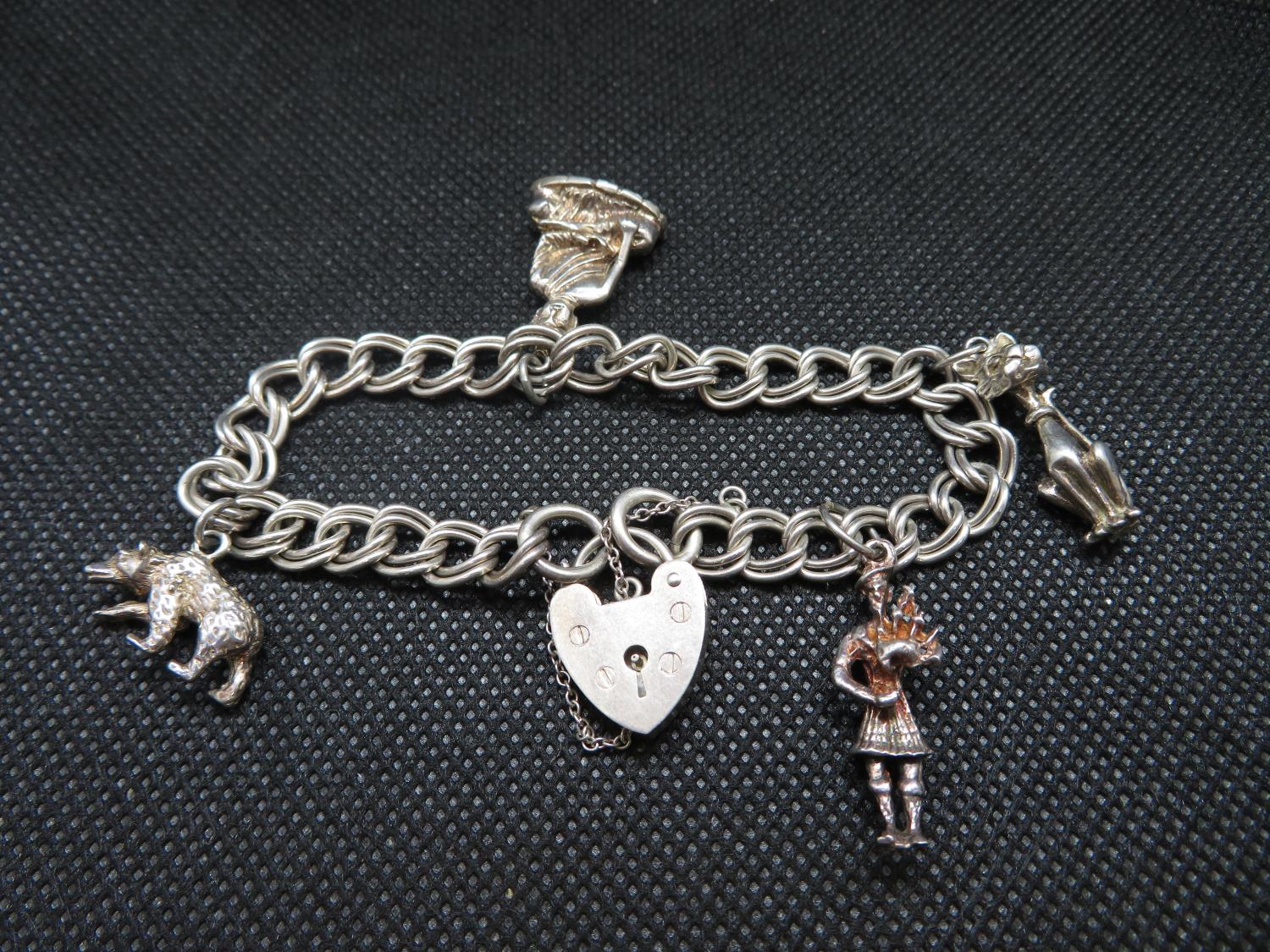 Vintage silver double link charm bracelet with padlock and chain 4 charms HM London 1977 28g