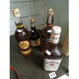 Bottle of Long John whisky, 100 Pipers whisky Jim Beam whisky and one other bottle