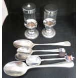 Silver and glass salt and pepper, silver candlesticks and 5x silver spoons