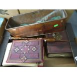 Box of books, Victorian photo album, Old pipe planter, Copper planter and frames