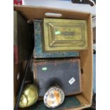 Box containing books, brass ware and walking stock