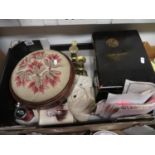 Box containing misc. items, photographs, brass, silver walking stick and papier mache box