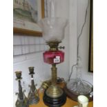 Cranberry and etched glass original oil lamp - excellent working condition