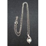 Silver and cultured pearl pendant set with 4 small natural diamonds on baby belcher link chain